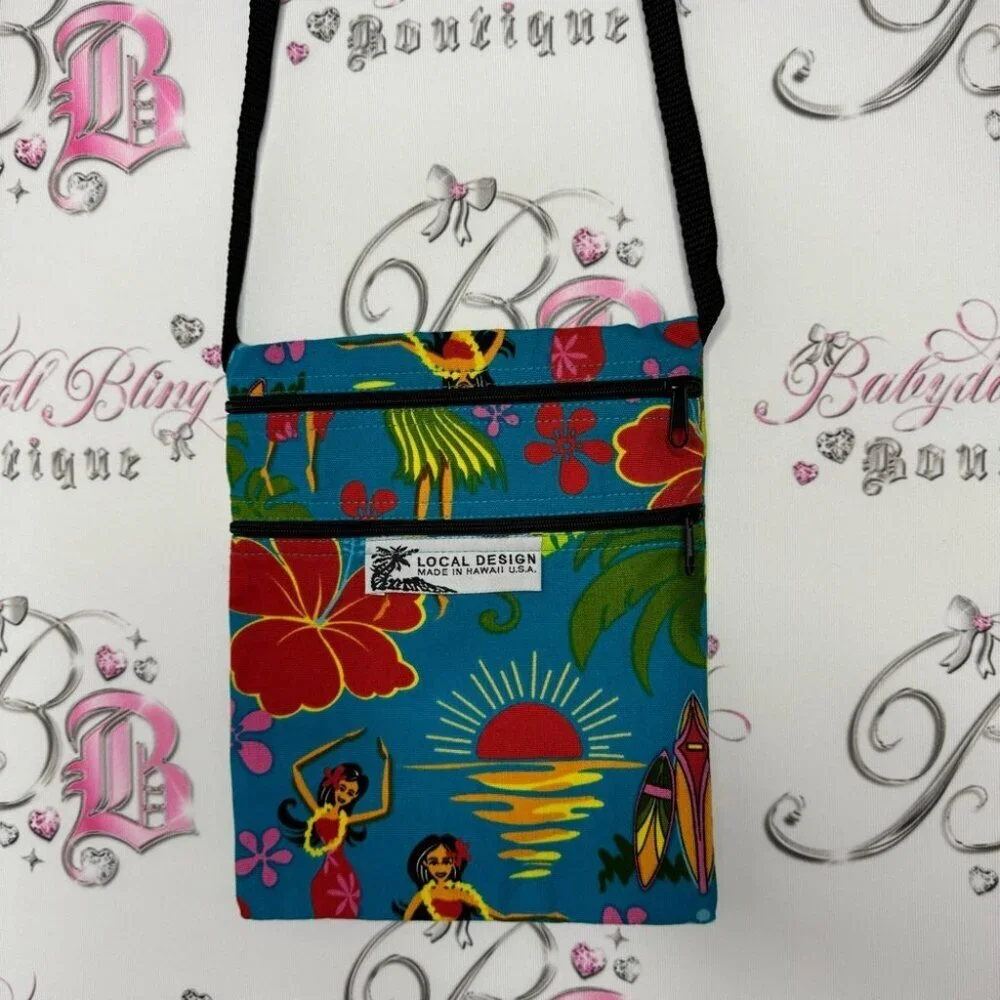 Hawaii bag beach dual zipper blue Hawaiian ladies dancers flowers blue vacay